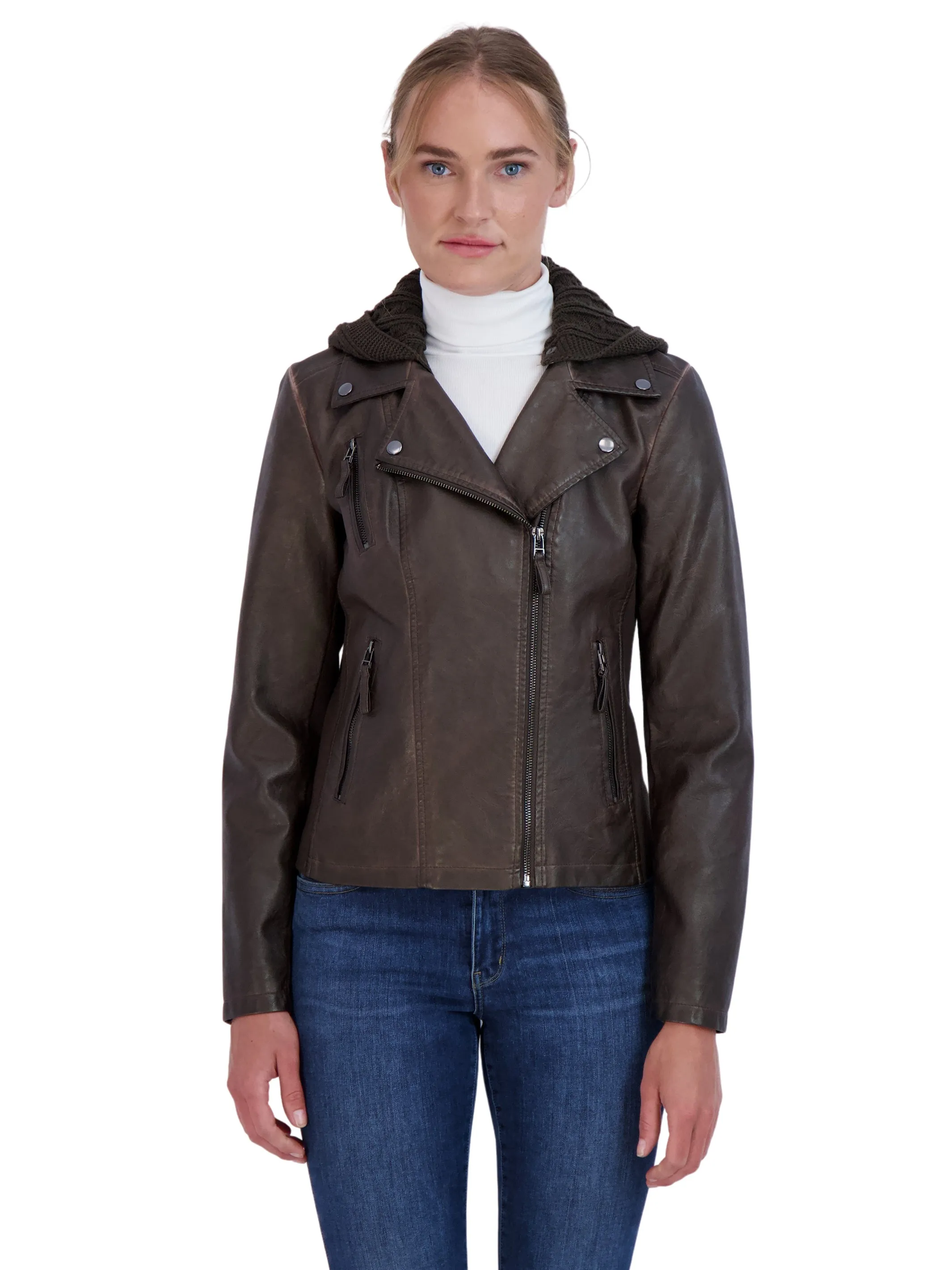 Sebby Collection Women's Faux Leather Moto with Detachable Sweater Hood