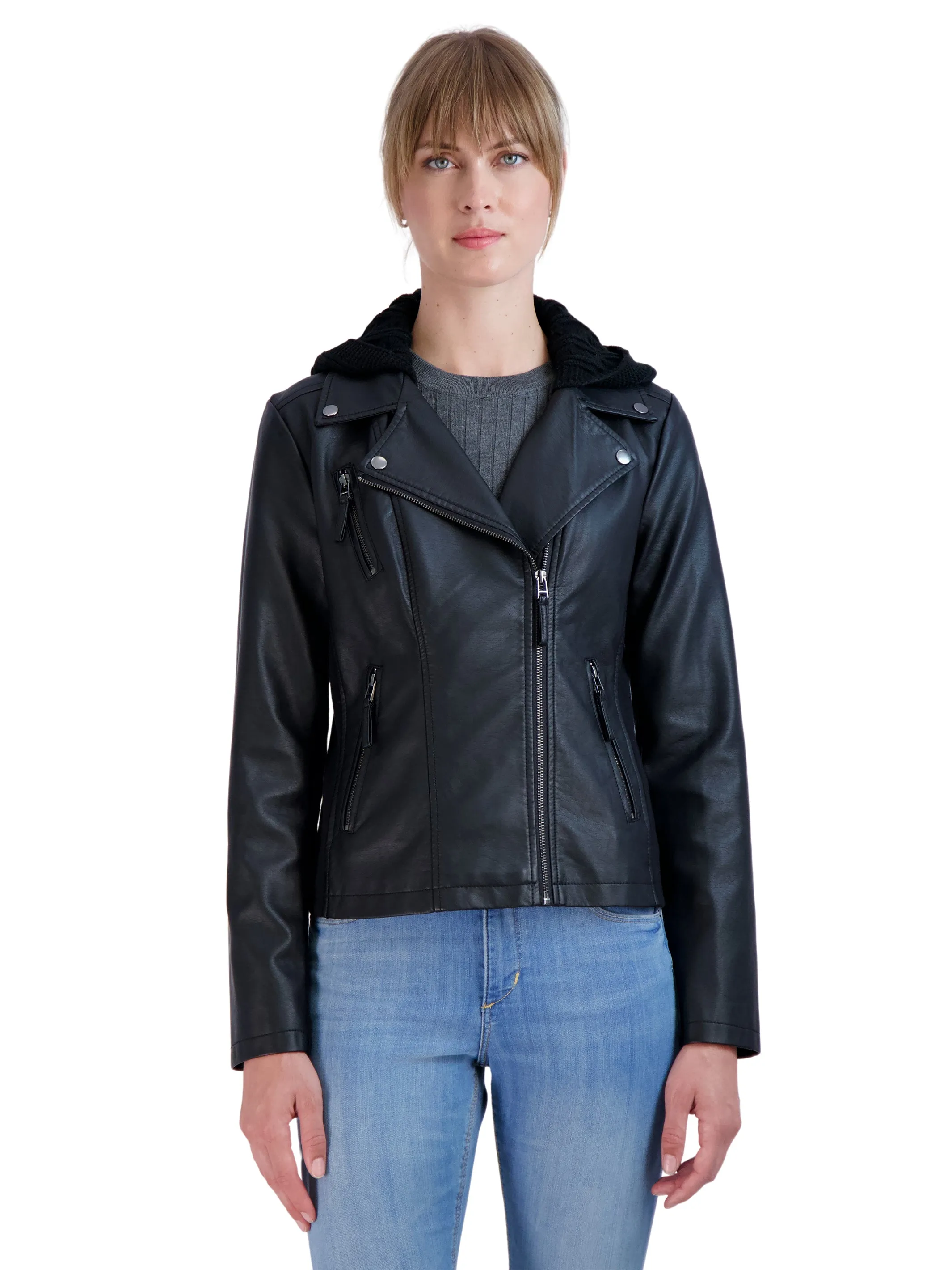 Sebby Collection Women's Faux Leather Moto with Detachable Sweater Hood