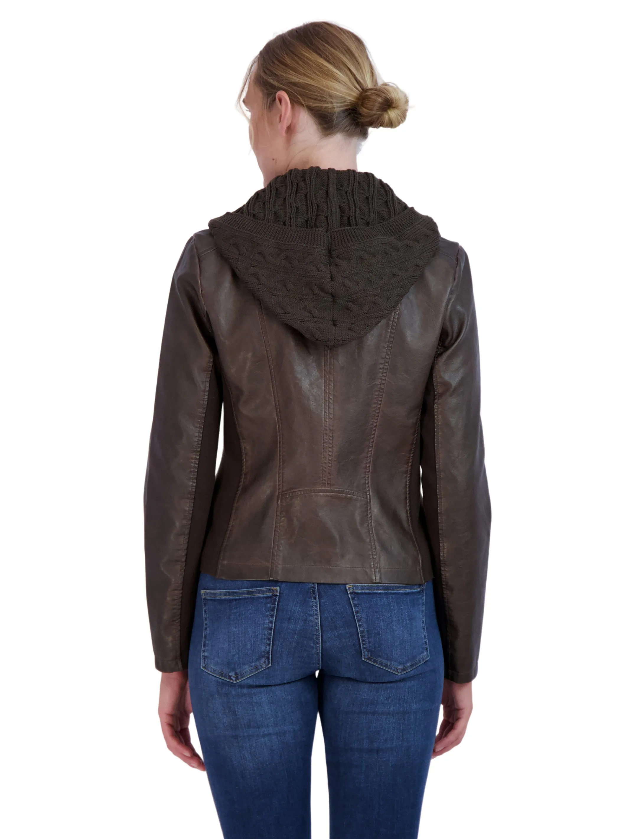 Sebby Collection Women's Faux Leather Moto with Detachable Sweater Hood