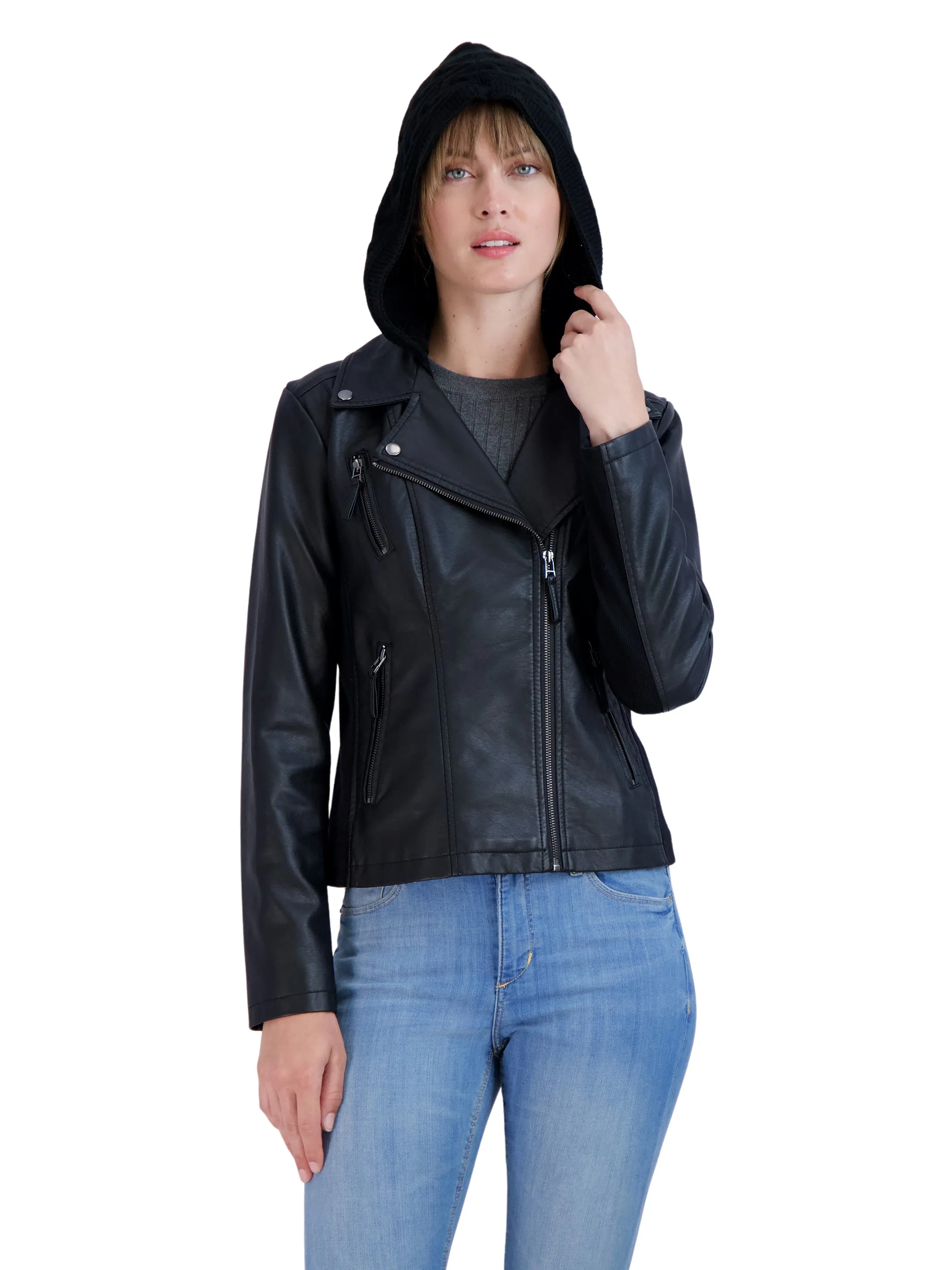 Sebby Collection Women's Faux Leather Moto with Detachable Sweater Hood