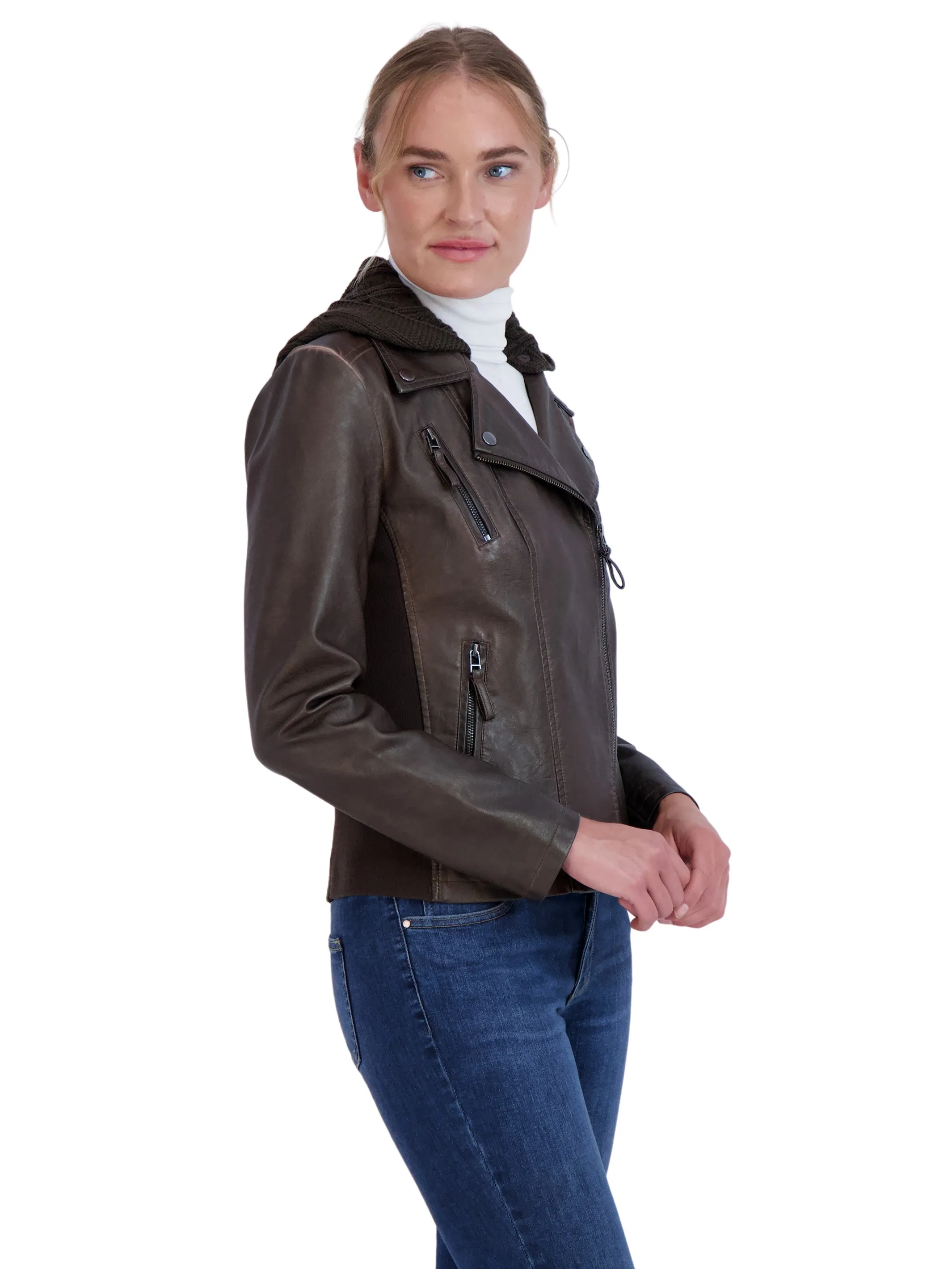 Sebby Collection Women's Faux Leather Moto with Detachable Sweater Hood