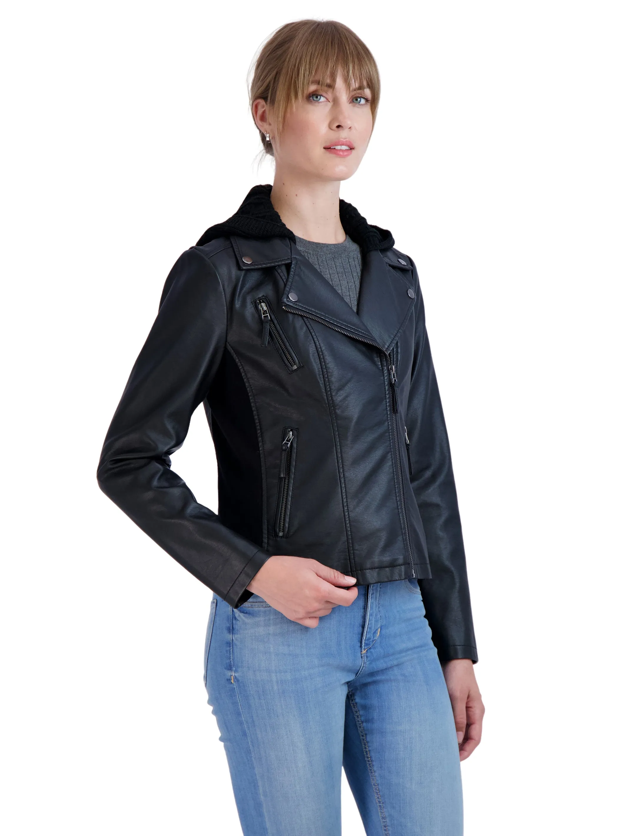 Sebby Collection Women's Faux Leather Moto with Detachable Sweater Hood