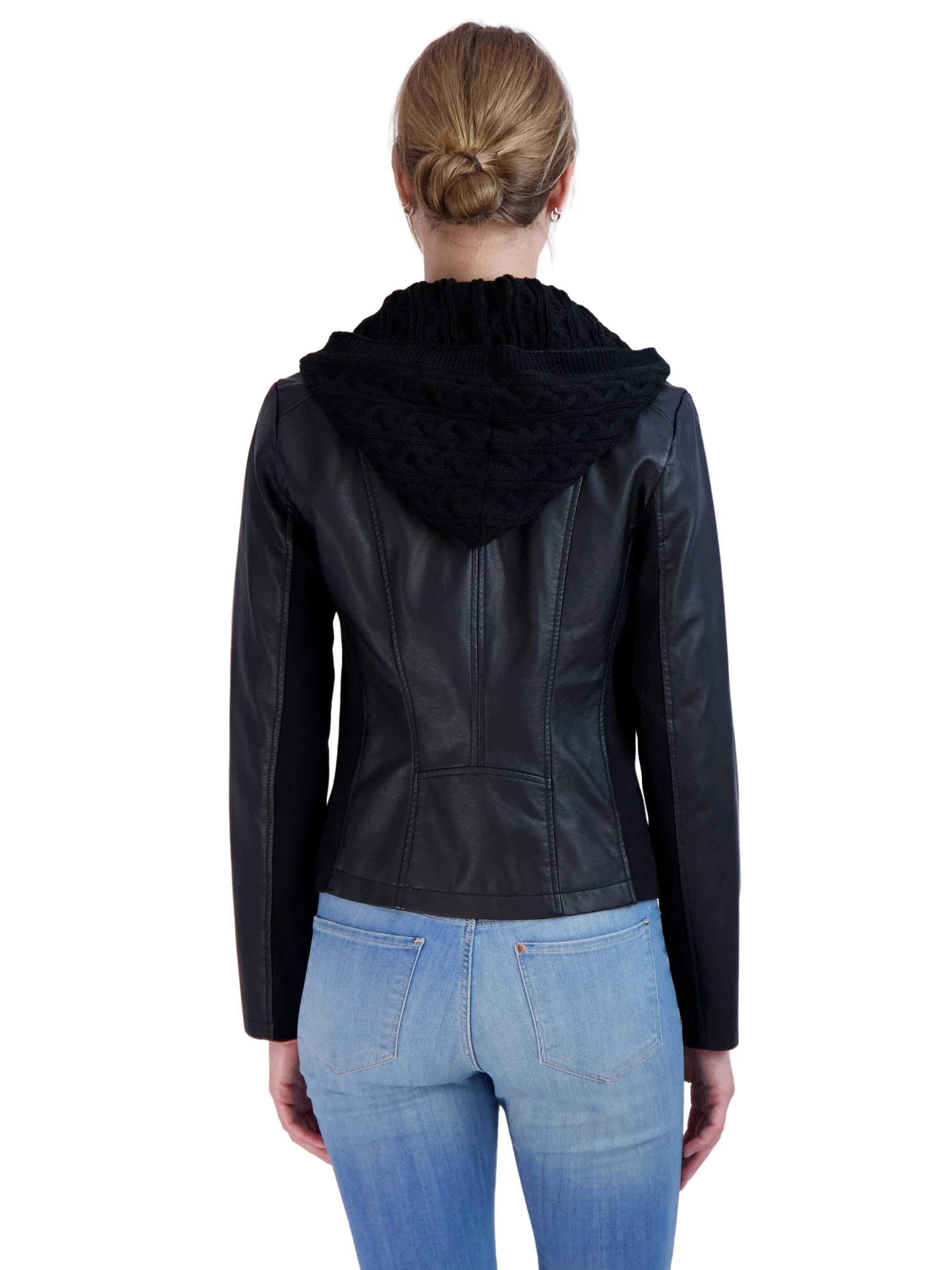 Sebby Collection Women's Faux Leather Moto with Detachable Sweater Hood