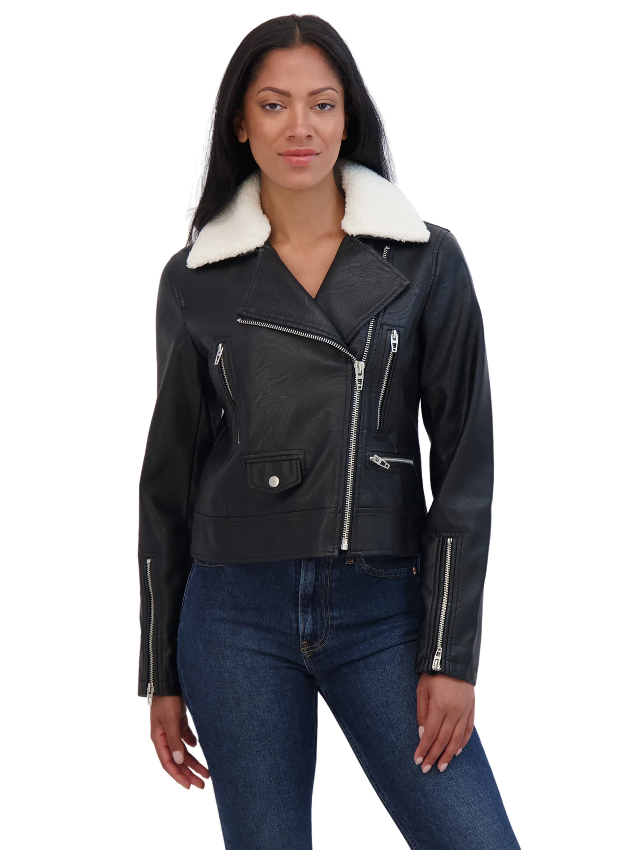 Sebby Collections Women's Faux Leather Moto Jacket With Detachable Faux Fur Collar