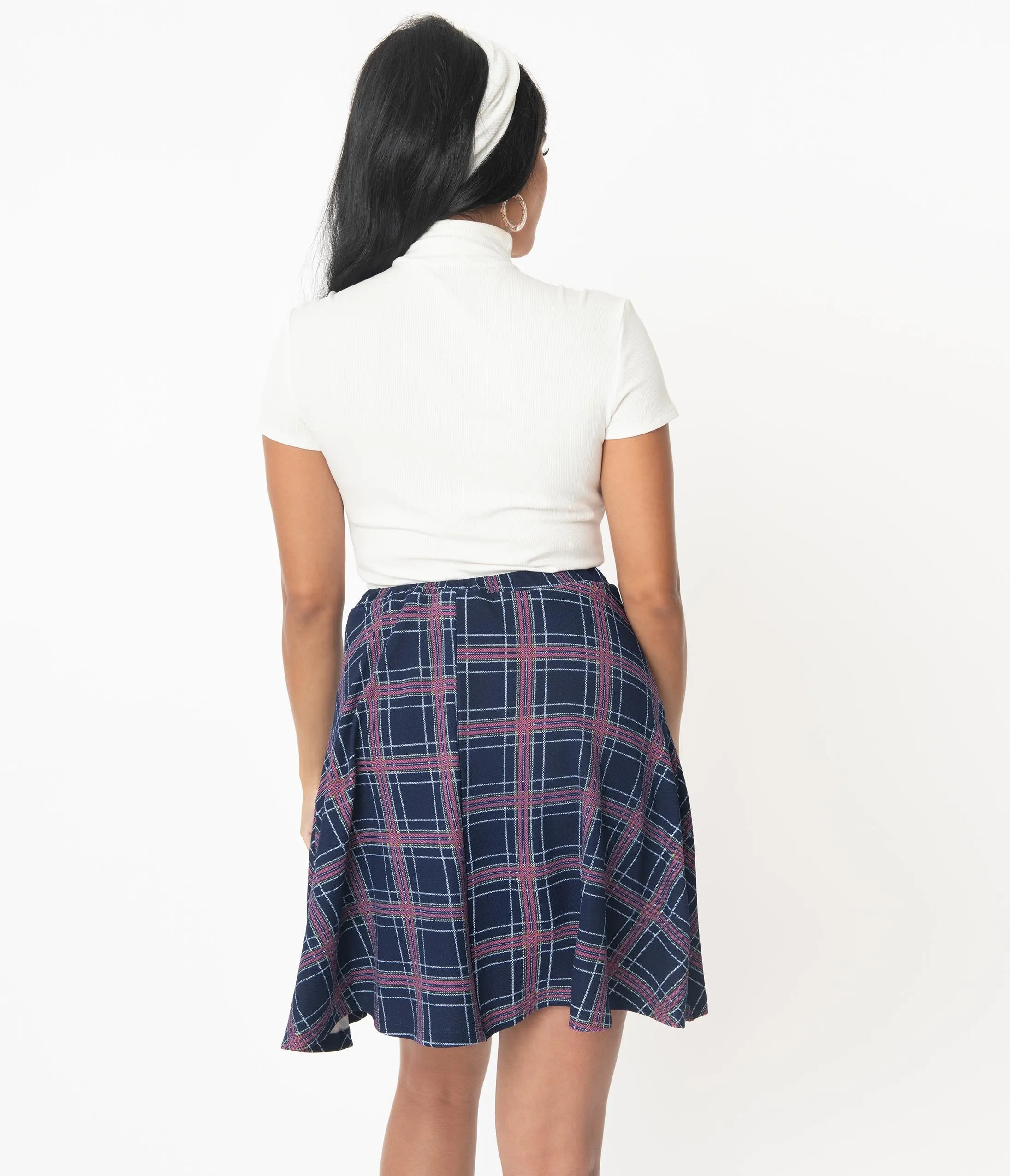 Smak Parlour 1960s Navy Blue Plaid Sweet Talk Flare Skirt