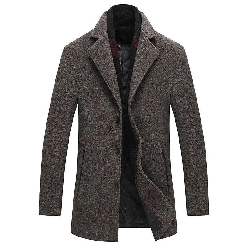 Solid Color Wool Blends Woolen Pea Coat Male Trench Coat