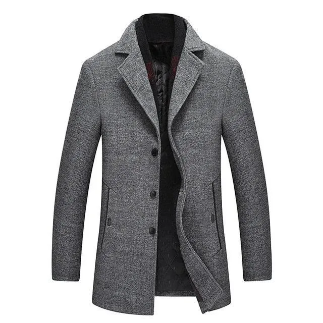 Solid Color Wool Blends Woolen Pea Coat Male Trench Coat