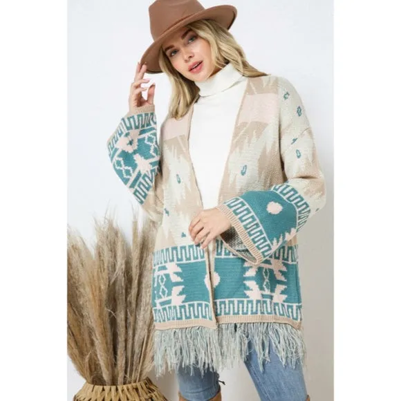 Taupe Teal Bell Sleeve Aztec Western Tribal Fringe Knit Boho Cardigan Sweater