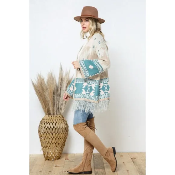 Taupe Teal Bell Sleeve Aztec Western Tribal Fringe Knit Boho Cardigan Sweater