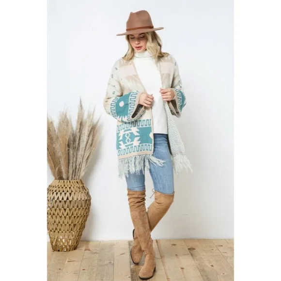 Taupe Teal Bell Sleeve Aztec Western Tribal Fringe Knit Boho Cardigan Sweater