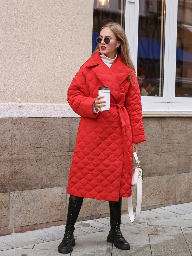 TEEK - Rhombus Pattern Belted Coat