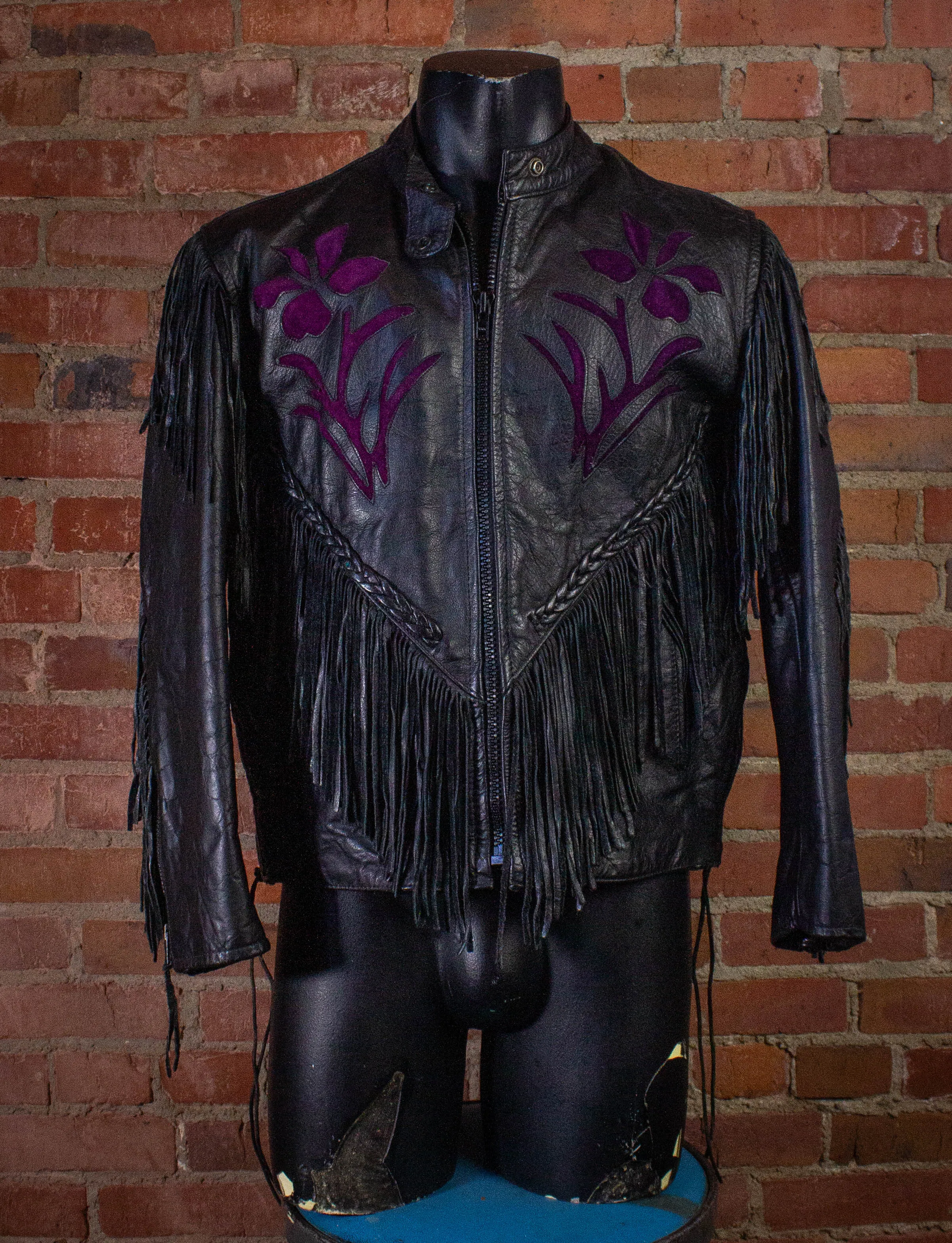 Vintage Rose Fringe Leather Jacket Black and Purple Medium