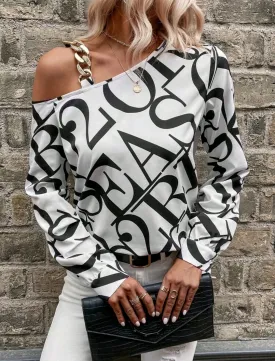 White Letter Print Chain Accent Asymmetric Blouse