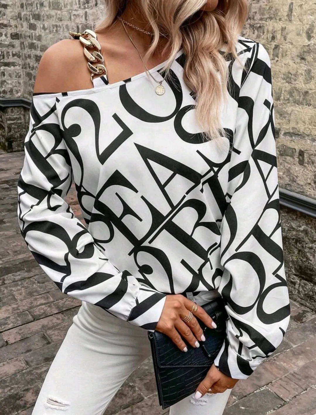 White Letter Print Chain Accent Asymmetric Blouse