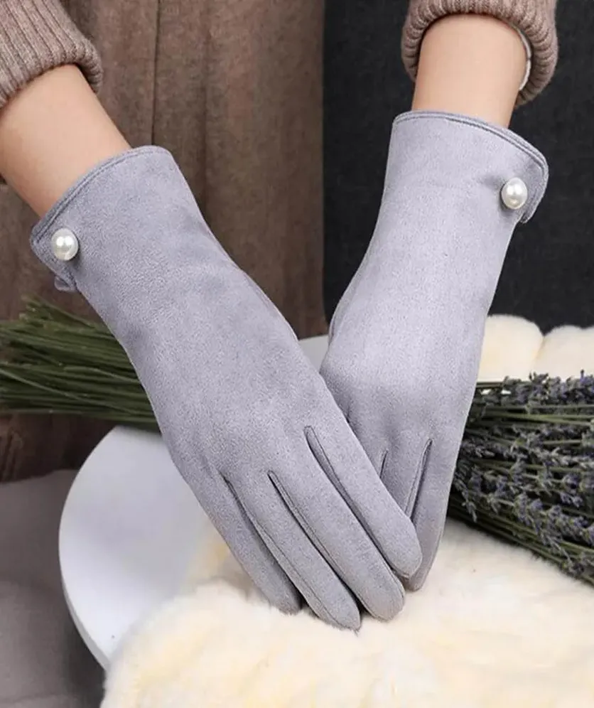 Winter Warm Gloves Women Suede Fleece Elegant Pearl