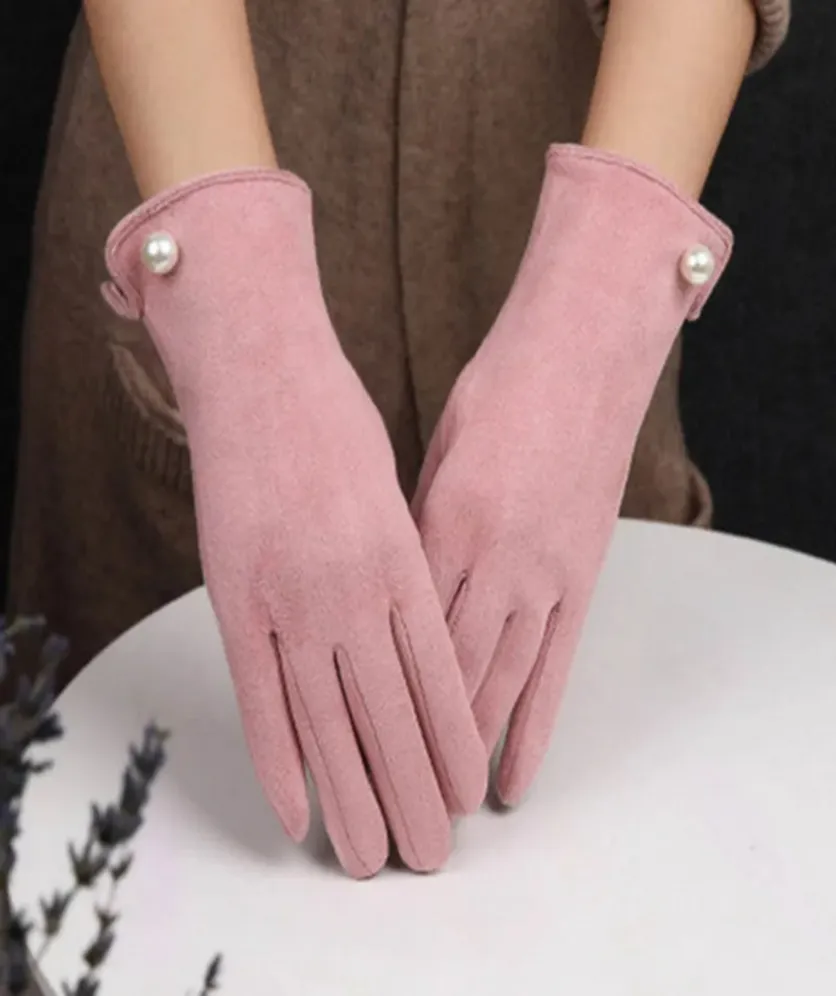 Winter Warm Gloves Women Suede Fleece Elegant Pearl