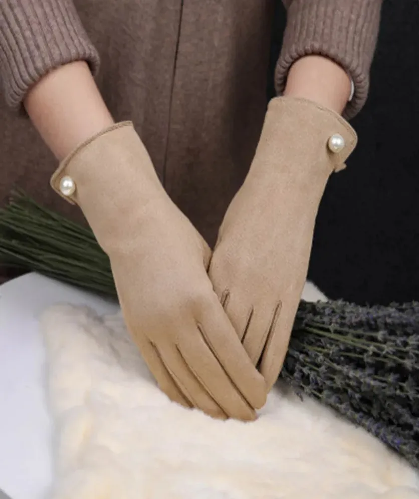 Winter Warm Gloves Women Suede Fleece Elegant Pearl