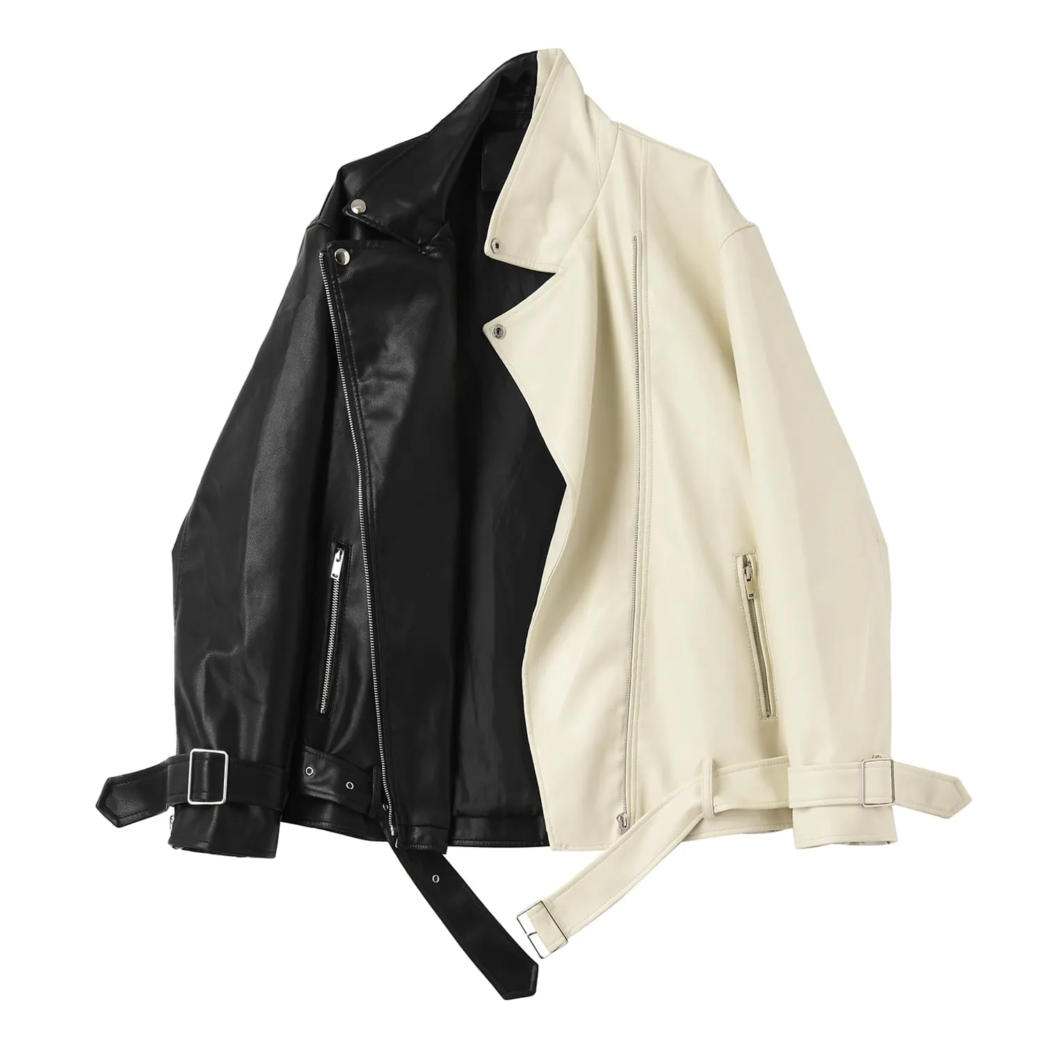 Women’s Black & Beige Genuine Sheepskin Lapel Collar Moto Biker Casual Classic Loose Oversized Café Racer Asymmetric Leather Jacket