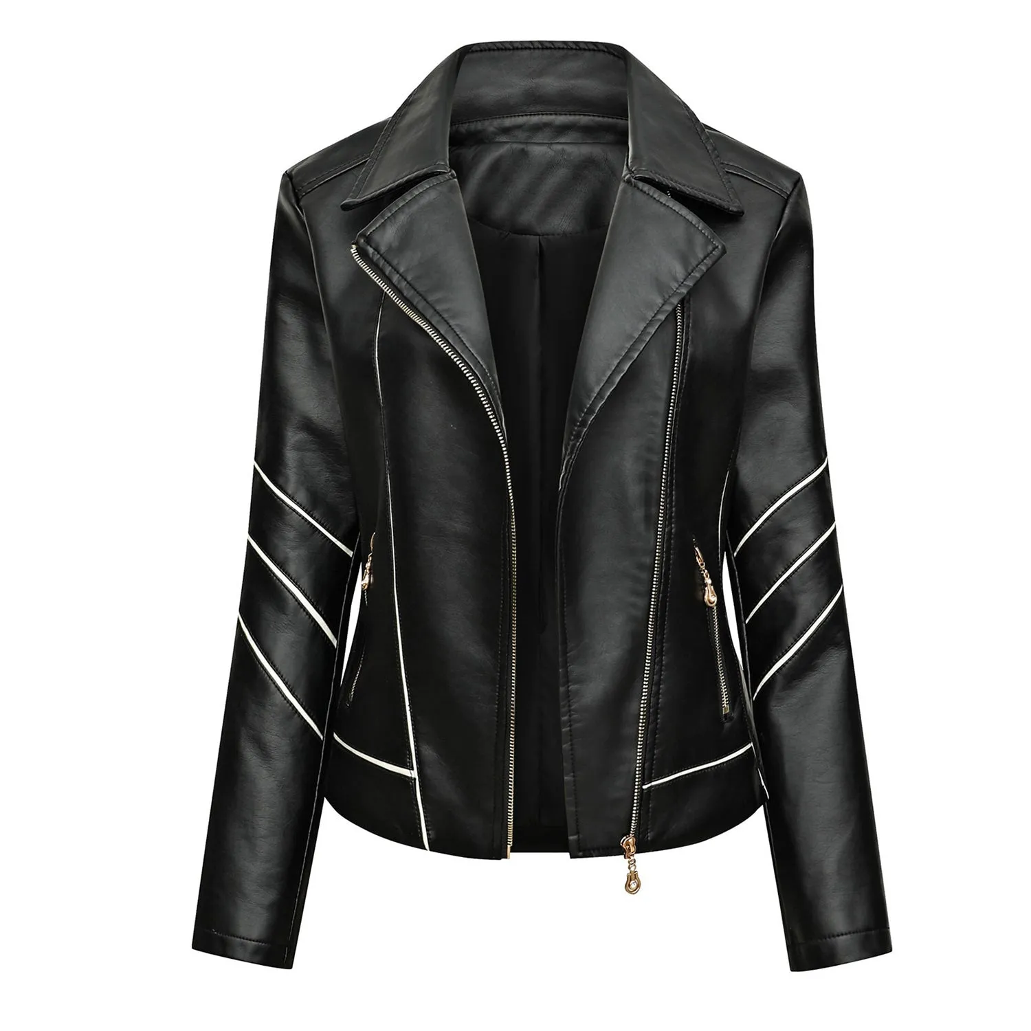 Women’s Black Racer Genuine Sheepskin White Stripes Asymmetric Motorcycle Café Racer Slim Fit Sporty Leather Jacket