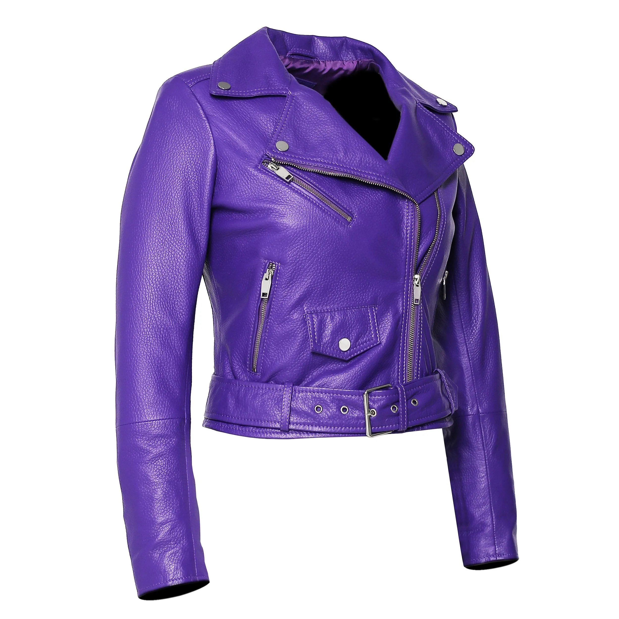 Womens Moto Nappa in Deerskin Emboss Patent Purple Leather Jacket