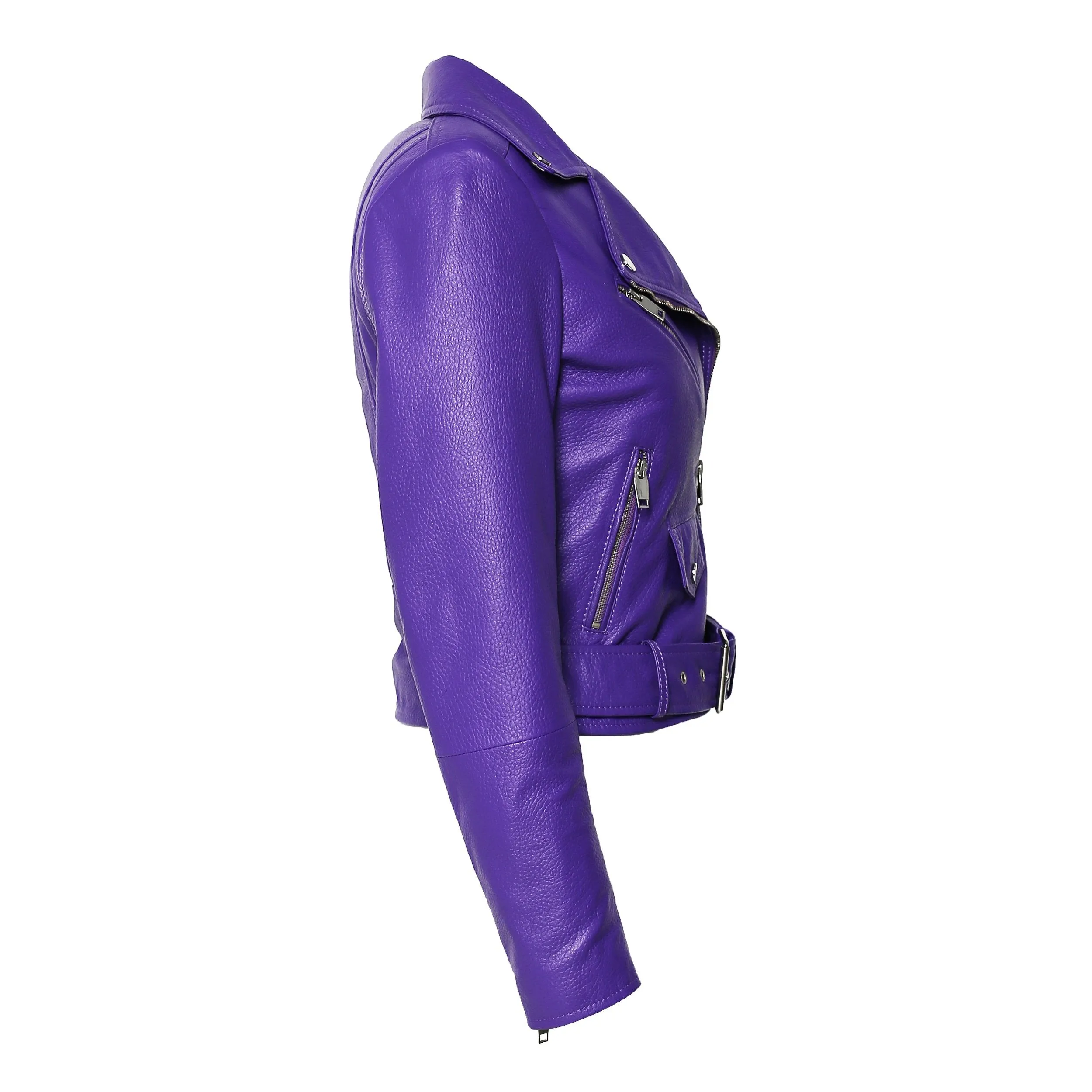 Womens Moto Nappa in Deerskin Emboss Patent Purple Leather Jacket