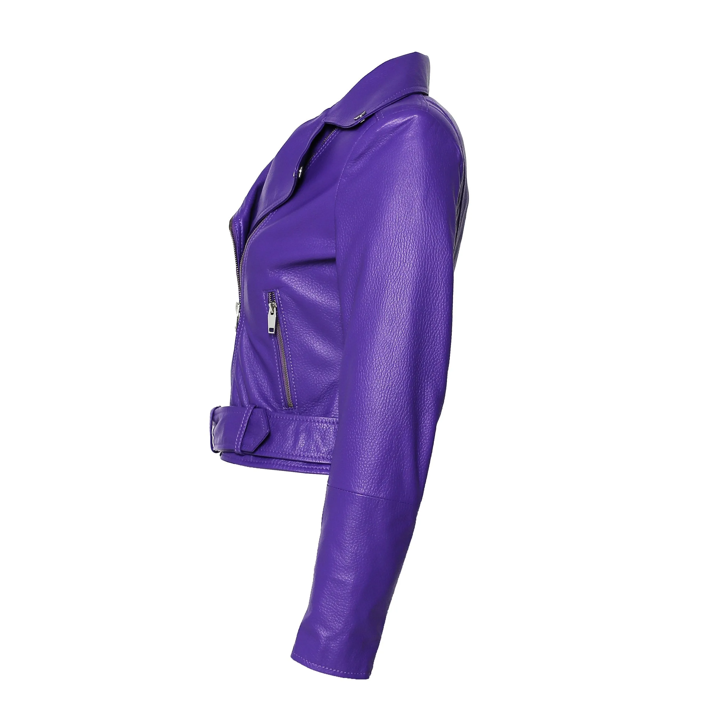 Womens Moto Nappa in Deerskin Emboss Patent Purple Leather Jacket