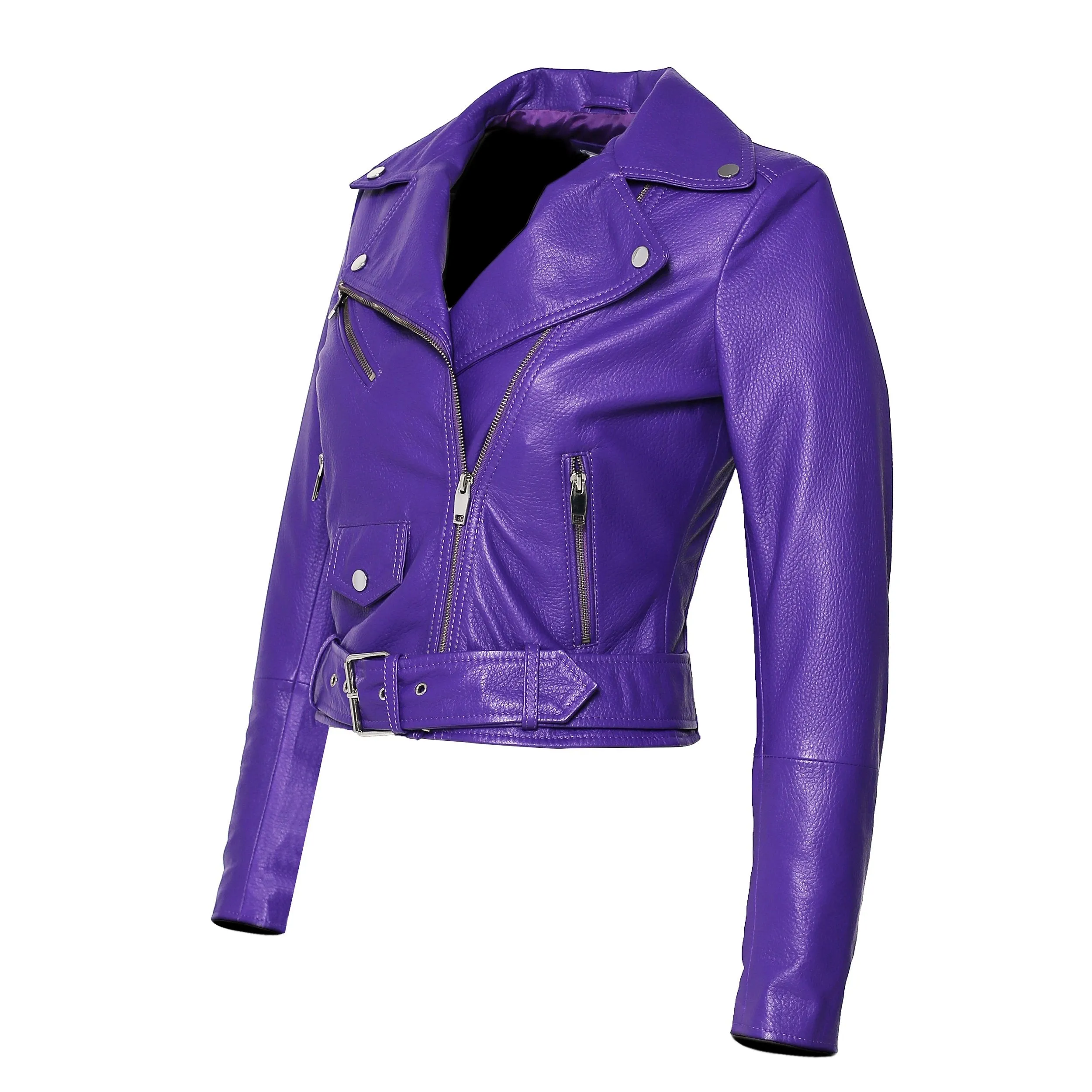 Womens Moto Nappa in Deerskin Emboss Patent Purple Leather Jacket