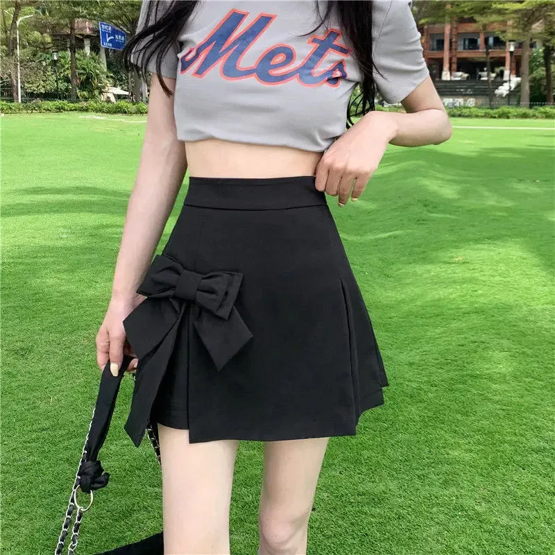 YESMYTOOL  -   Bow Slit Mini Skirt Women Kawaii Cute Skort Korean Fashion Elegant High Waist Patchwork Solid Slim A-Line Skirt Shorts