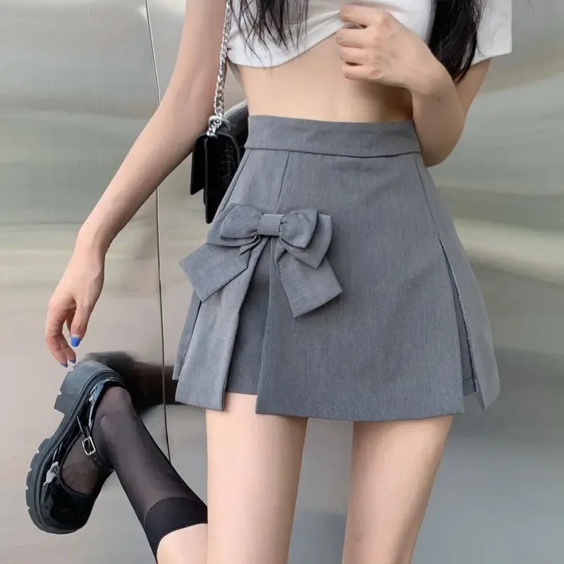 YESMYTOOL  -   Bow Slit Mini Skirt Women Kawaii Cute Skort Korean Fashion Elegant High Waist Patchwork Solid Slim A-Line Skirt Shorts